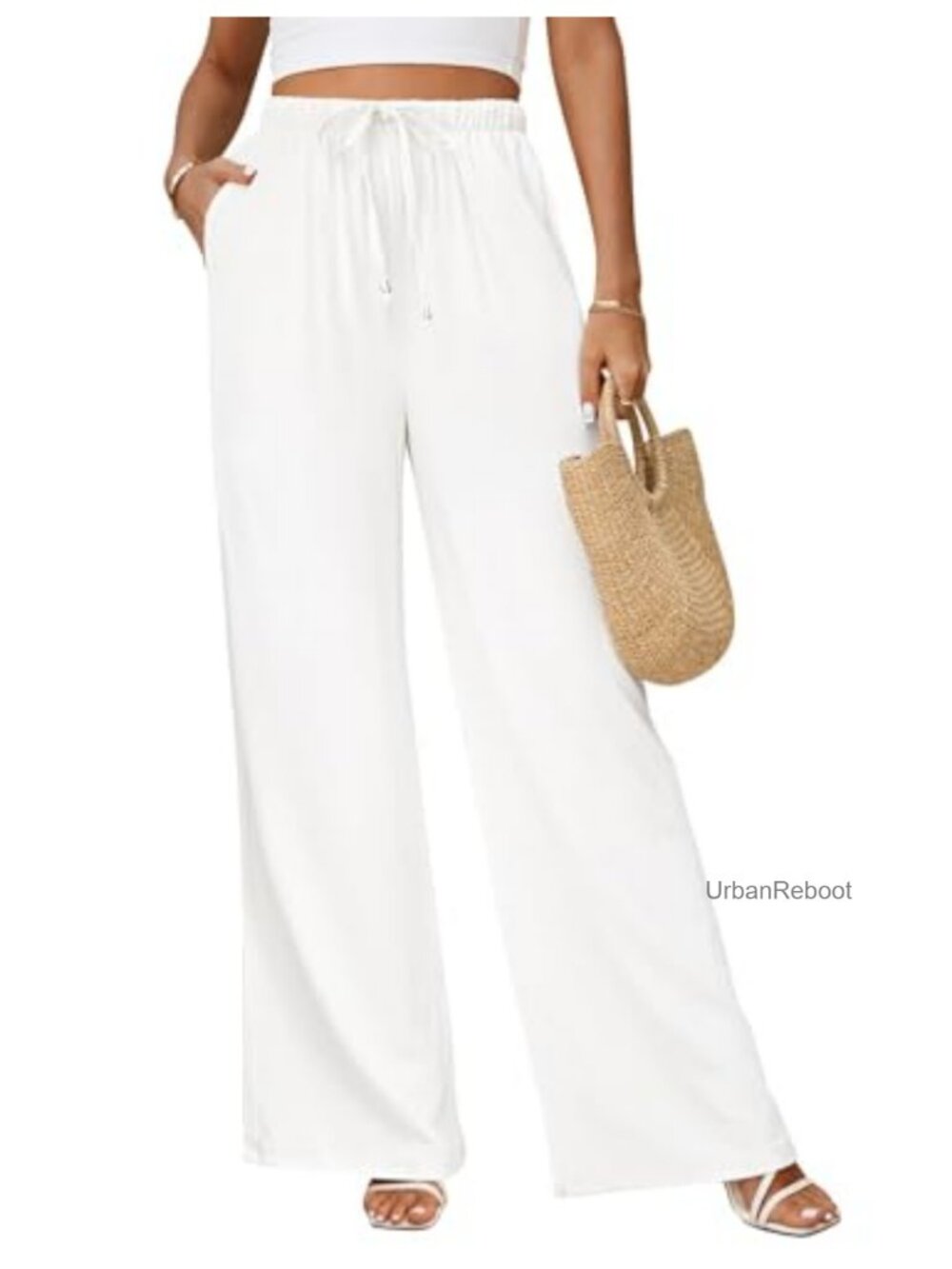 Wide Leg Linen Blend Pants High Waist Drawstring Boho Flowy Palazzo Summer